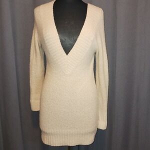 Vintage Outlooks Cream Gold Sparkle V Neck Long Sleeve Sweater Mini Dress Small